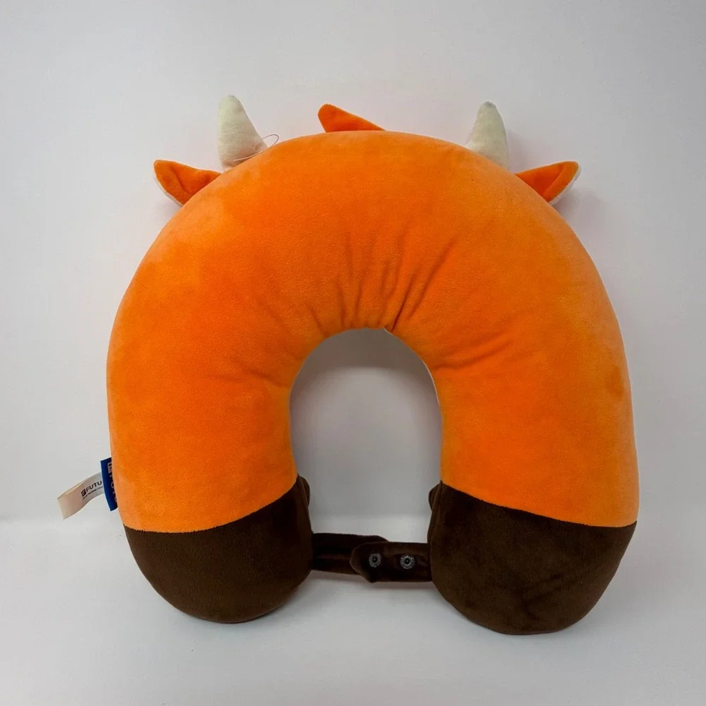 FUTU Neck Pillow Orange Brown Plush Travel Headrest Snap Closure